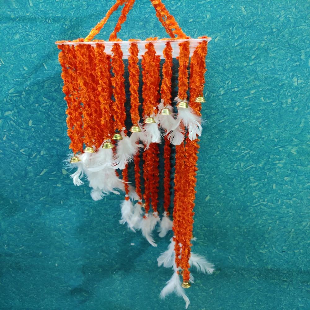 (Orange) Handmade Wall Hanging Square Shape Two Layered Jhumar With White Wing