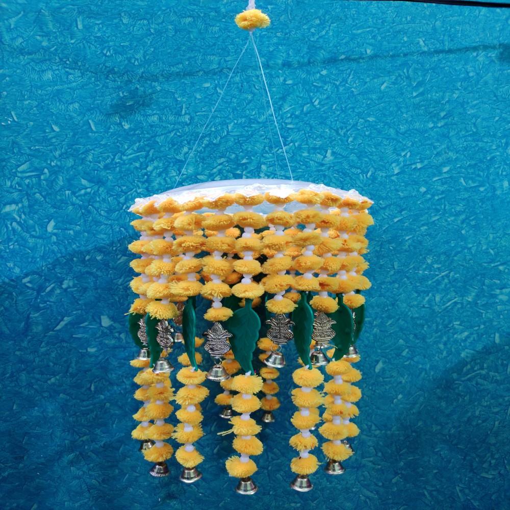 (Yellow) Handmade Wall Hanging Round Shape Beautiful Pompom Jhumar with Leaf & Kalash