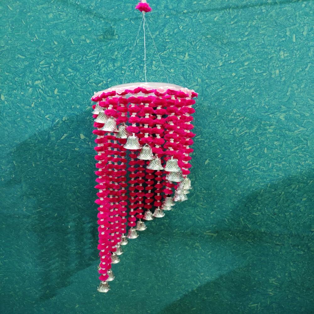 (Pink) Handmade Wall Hanging Round Shape Beautiful Pompom Jhumar