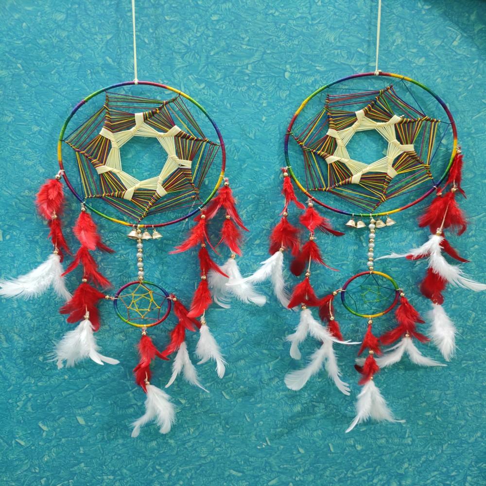 (Red & White) Dream Catcher Wall Hanging Threaad Weaving With One Mini Ring