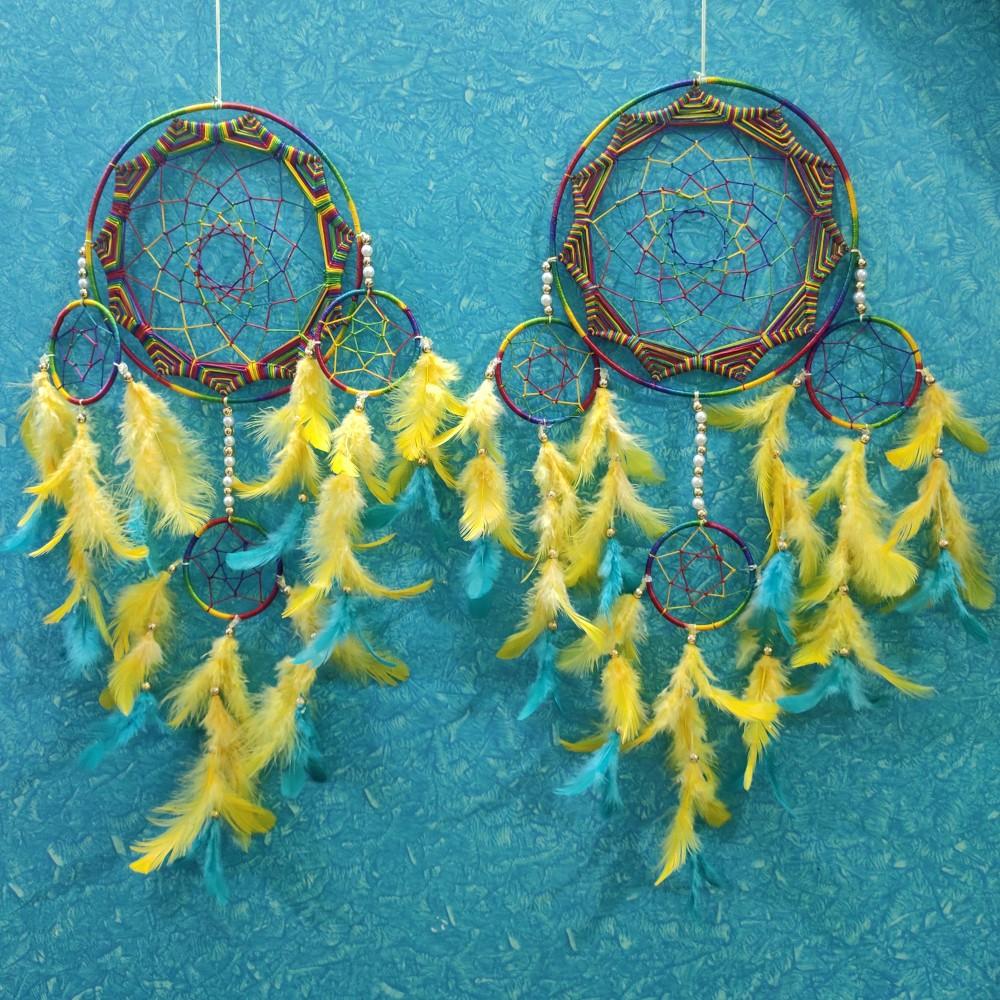 (Yellow & Sky Blue) Dream Catcher Wall Hanging Threaad Weaving with Three Mini Ring