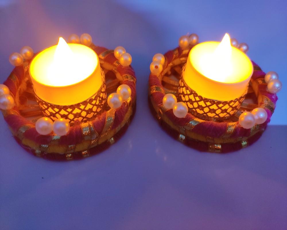 Handmade Holder Diyas for Diwali Decoration, Designer Lights for Pooja, Aarti Decorative, Pack of 2