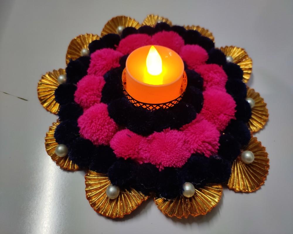 Pom Pom Handmade Holder Diyas for Diwali Decoration, Designer Lights for Pooja, Pack of 2