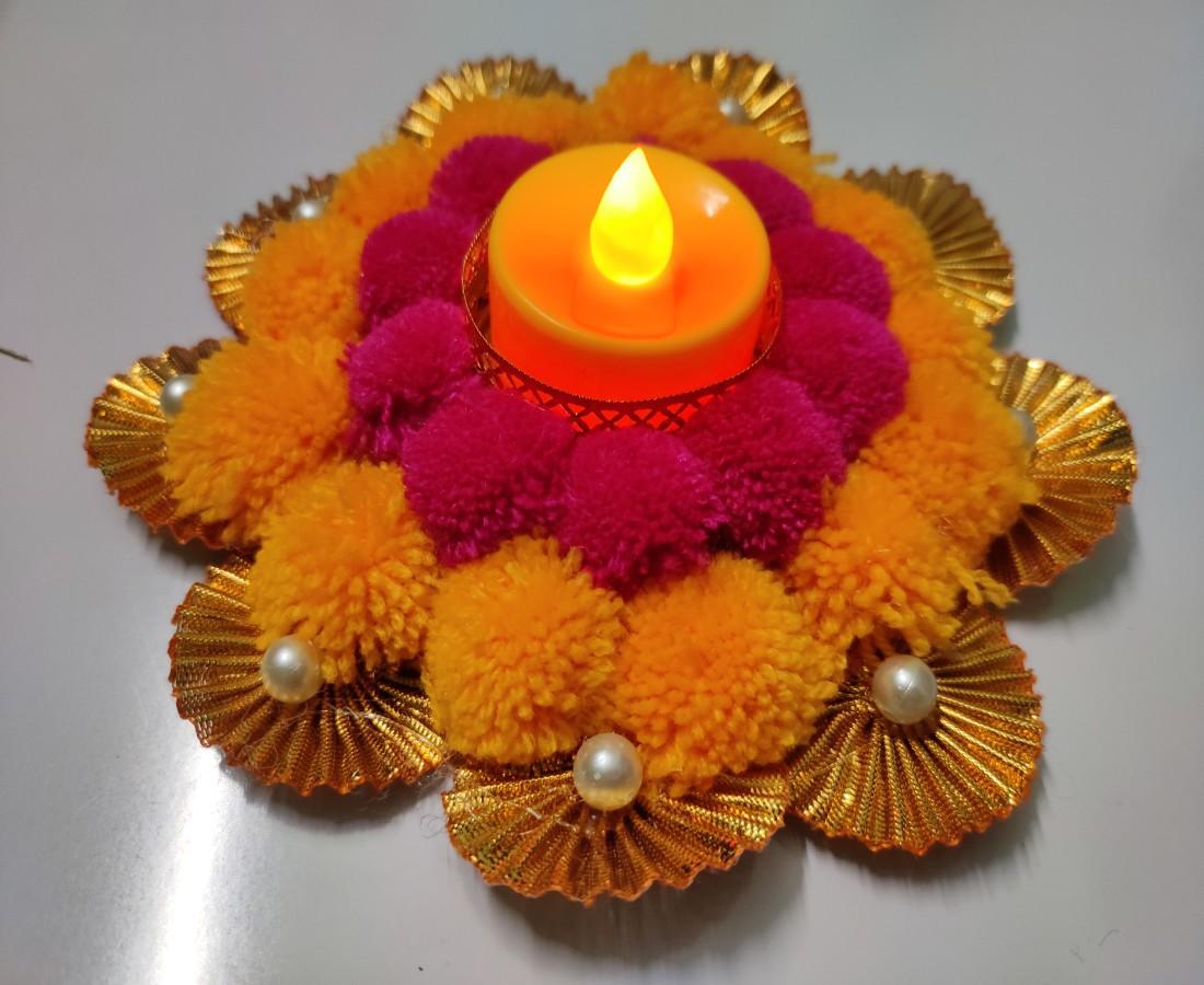 Pom Pom Handmade Holder Diyas for Diwali Decoration, Designer Lights for Pooja, Pack of 2