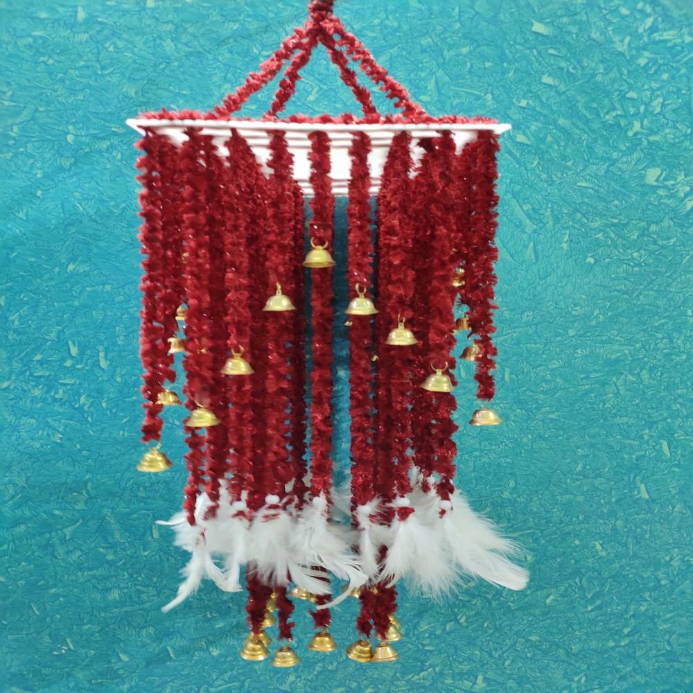 (Wine Red) Handmade Wall Hanging Square Shape Three Layered Jhumar With White Wing