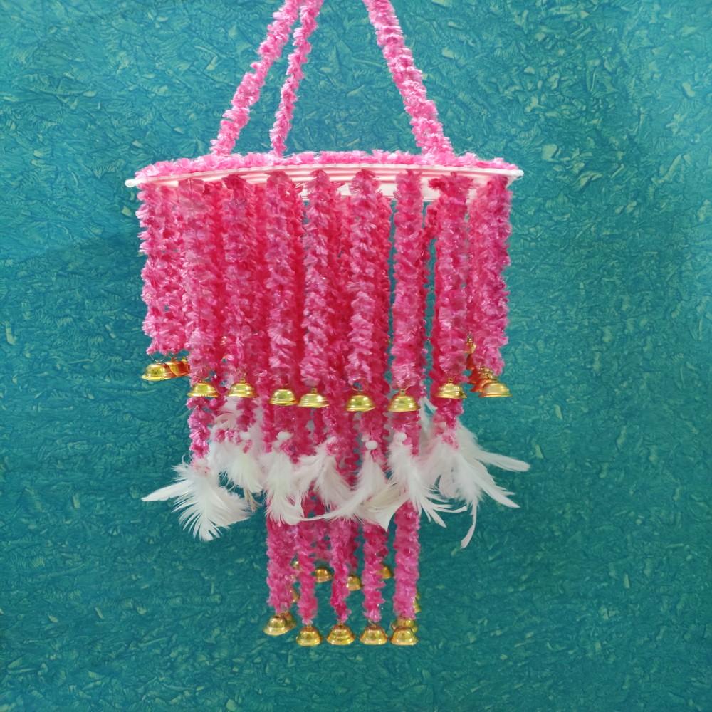 (Baby Pink) Handmade Wall Hanging Square Shape Three Layered Jhumar With White Wing